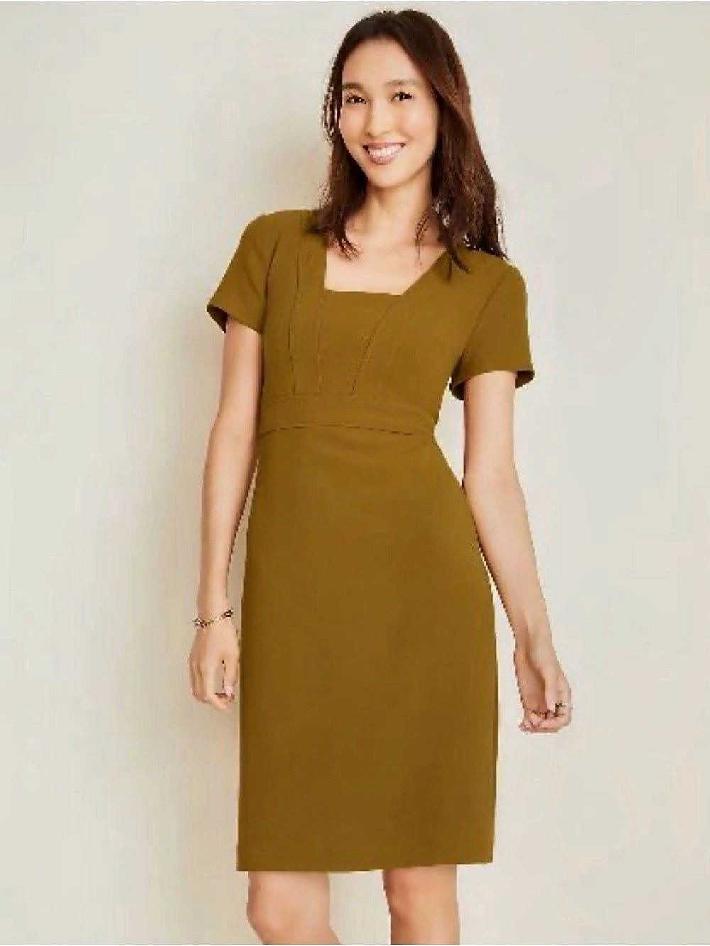 Ann Taylor Square-Neck Honey Mustard Yellow Sheath Dress size 8